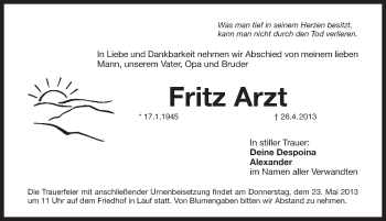 Traueranzeige von Fritz Arzt von Pegnitz-Zeitung